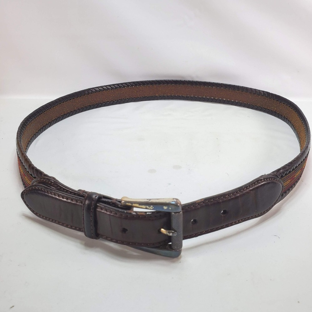 Orvis Belt Mens 40 Brown Leather Braided Edge Southwestern Woven Inlay USA Aztec